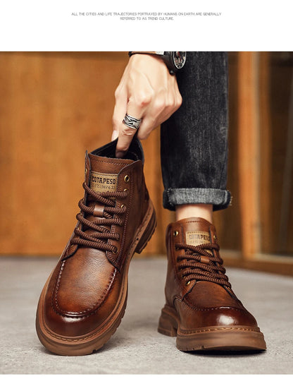 Brown Leather Mens Ankle Boots Lace Up Platform Outdoor