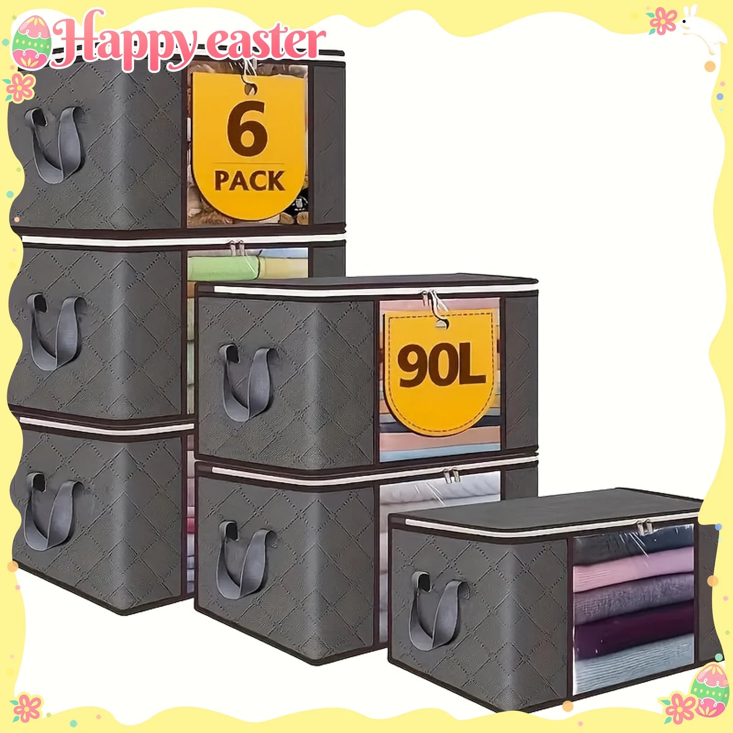 6pcs 23.78 gallon oversized storage bag with zipper and lid - Foldable and durable clothing organizing bag suitable for bedding