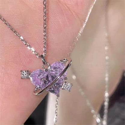 Pink Planet Heart Zircon Pendant Necklace Zinc Alloy For Women