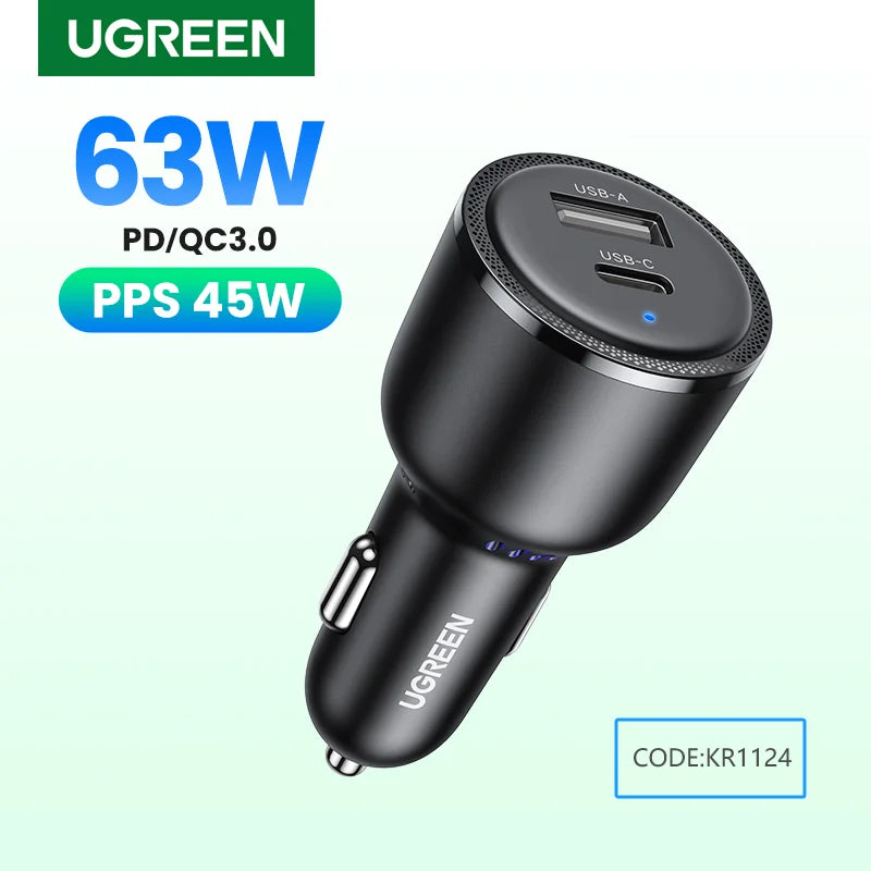 NEW in UGREEN 63W Car Charger PD QC 3.0 PPS 45W USB Type C Fast Charging for iPhone 17 16 Samsung Xiaomi Mobile Phone Charger