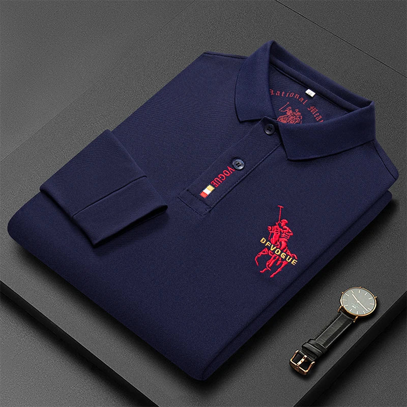 Popular Men's Spring and Autumn Horse Logo Trendy Brand Temperament Fashionable Outdoor Sports Top Long Sleeved Polo Shirt