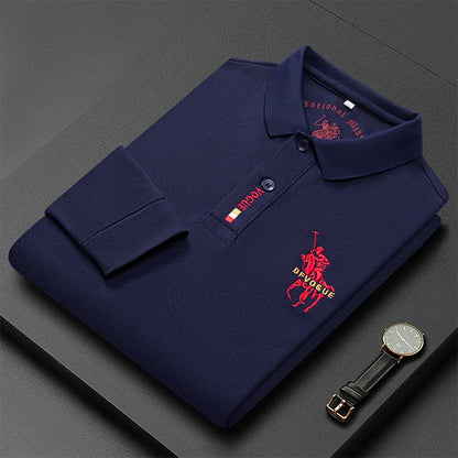 Men's Long Sleeve Polo Shirt Polyester Knit With Horse Embroidery