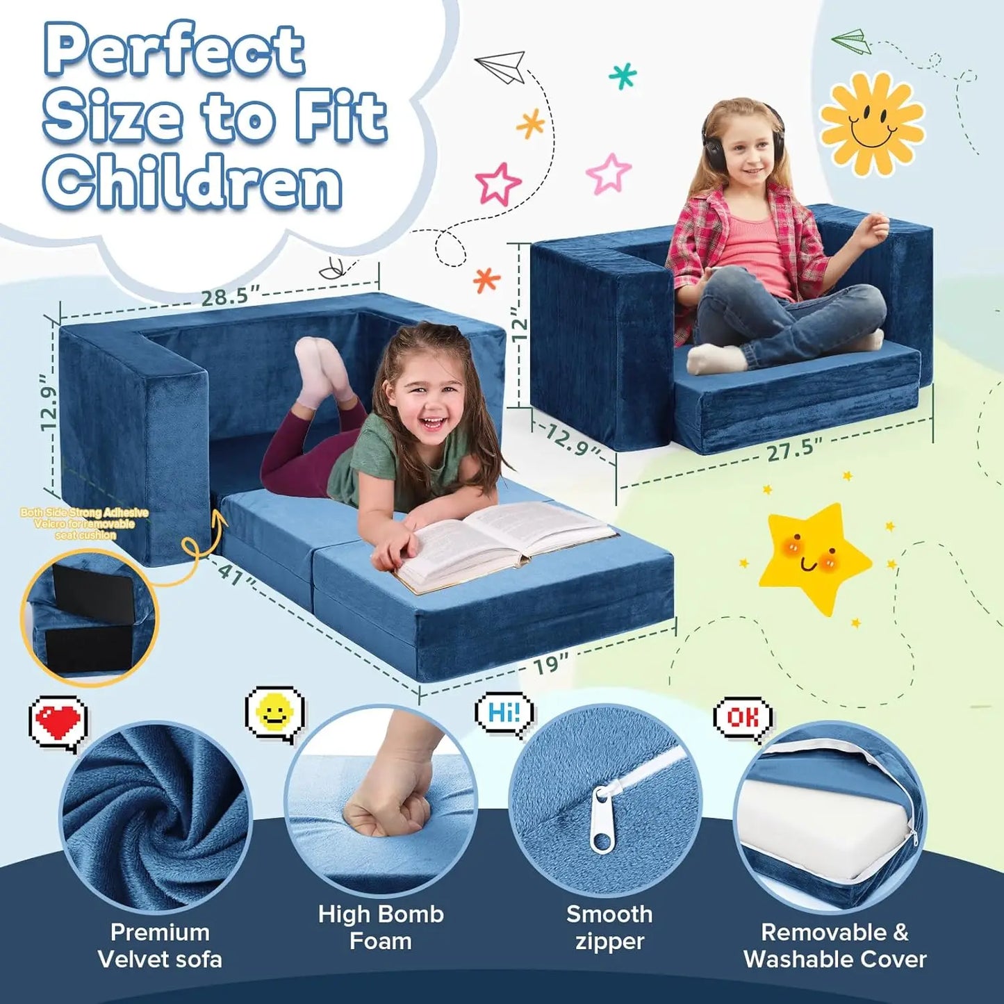 7-Piece Modular Kids Sofa Set, Convertible Toddler Play Couch for Creative Fun and Comfortable Sleeping, Blue