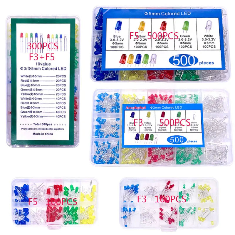100/300/500PCS 3MM 5MM Light Emitting Diode Electronic Kit Box F3 F5 LED Diode Various Kits White Green Red Blue Yellow