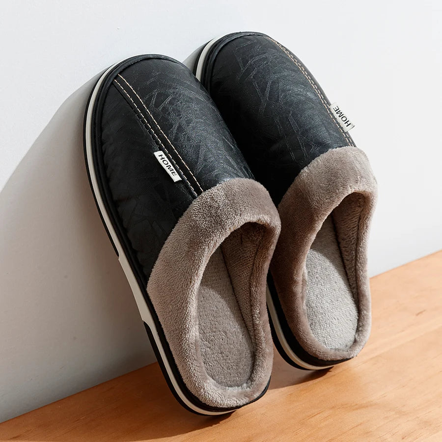 Men's PU Leather Slippers Indoor Waterproof Fur Flat Winter Home Shoes