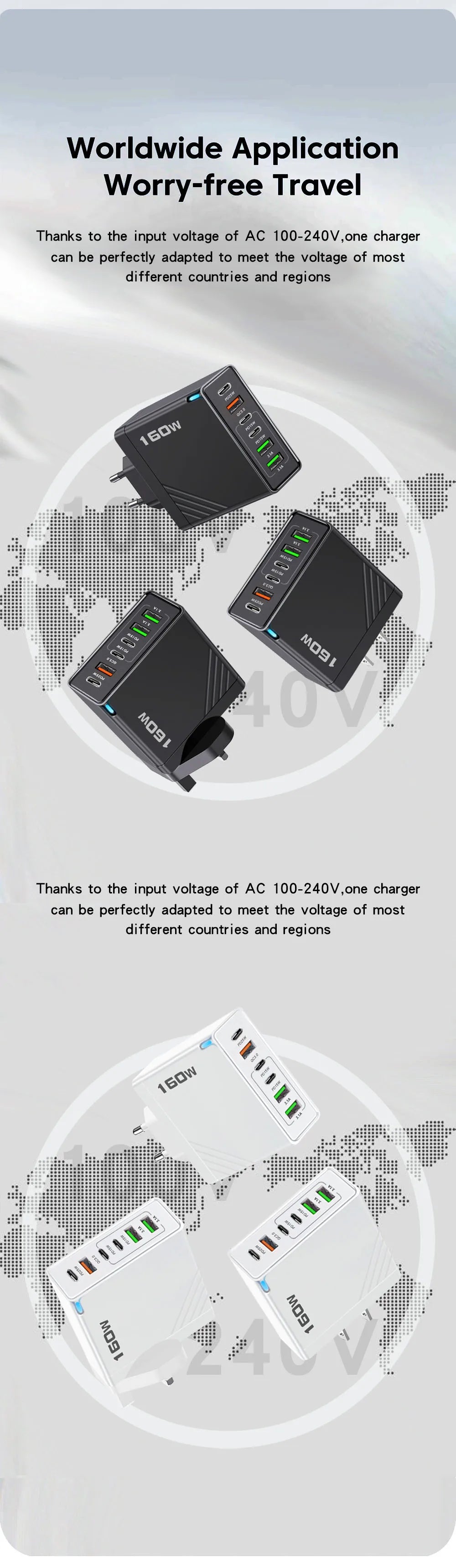 160W 6 Ports Fast Charger USB Type C Quick Mobile Phone Charger EU US UK Plug Charger Adapter For iPhone 16 Pro Samsung Xiaomo