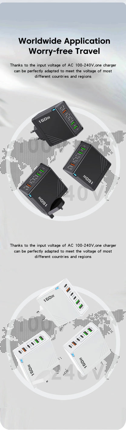 160W 6-Port USB Type-C Fast Charger With EU US UK Plug