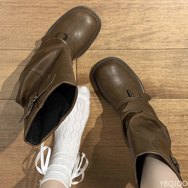 Autumn and Winter Fashion Retro Brown Western Cowboy Boots Women's Boots 2025 New Look Slim Thick and Stacked Short Boots