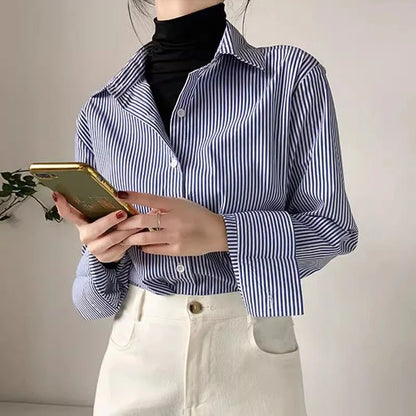 Striped Women's Blouse With Lantern Sleeves And Stand Collar Polyester