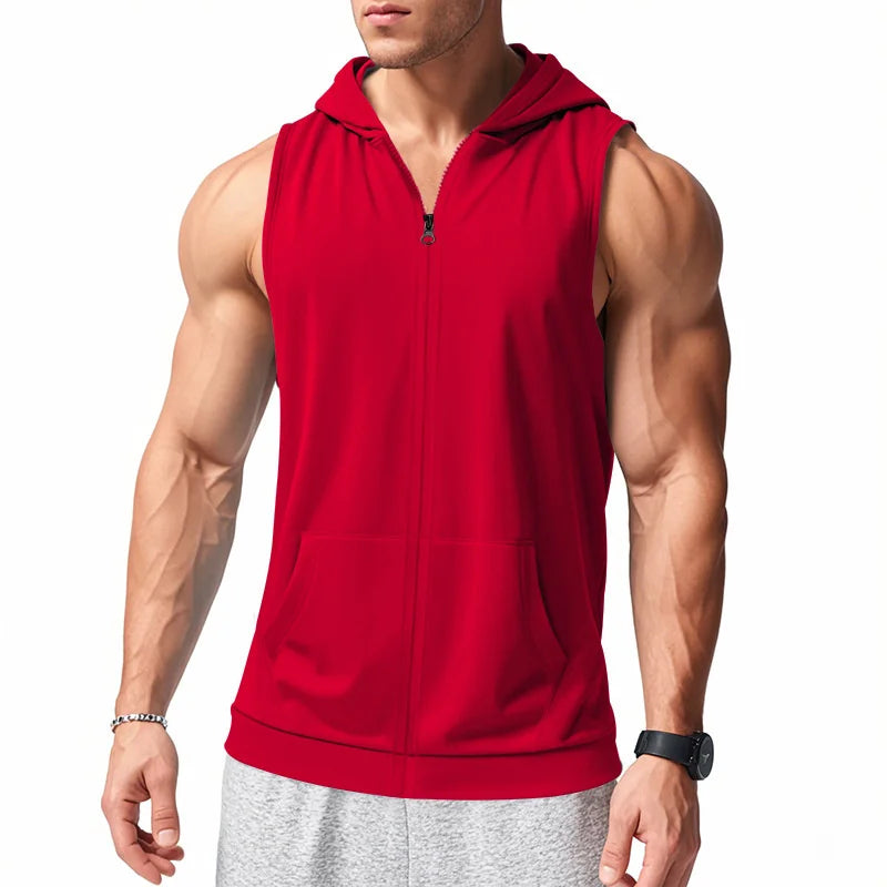 Summer Men's Hooded Zipper Tank Tops Casual Fitness Sports Vest Fashion Zipper Sleeveless Cardigan Tees Tops Male running Vest