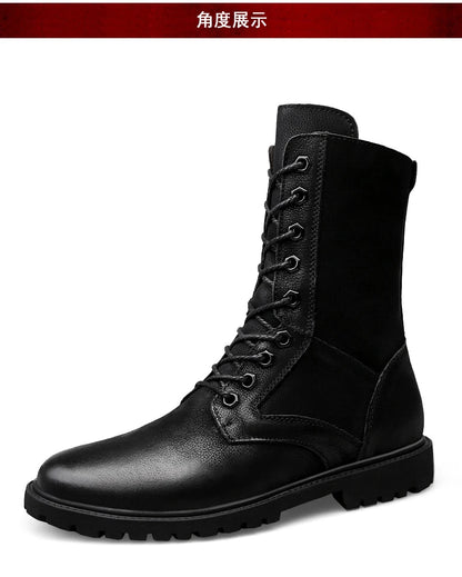 Men's Leather Motorcycle Boots Mid-Calf With Plush Lining