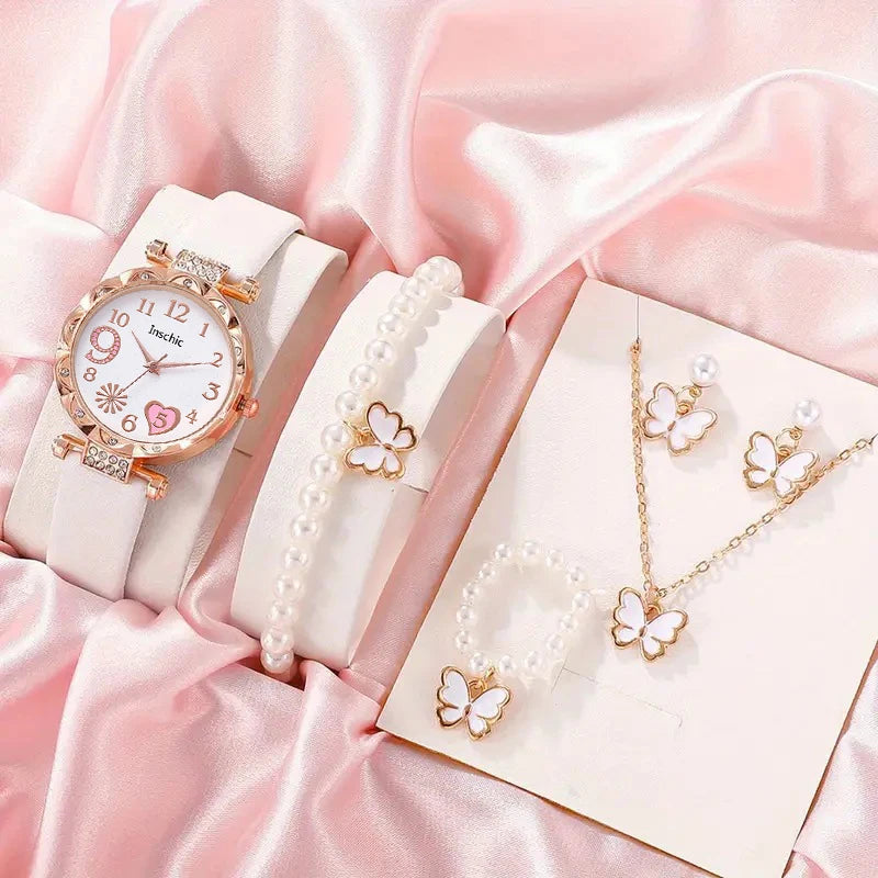 Luxury White Leather Strap Quartz Watch Set – 6 Pieces