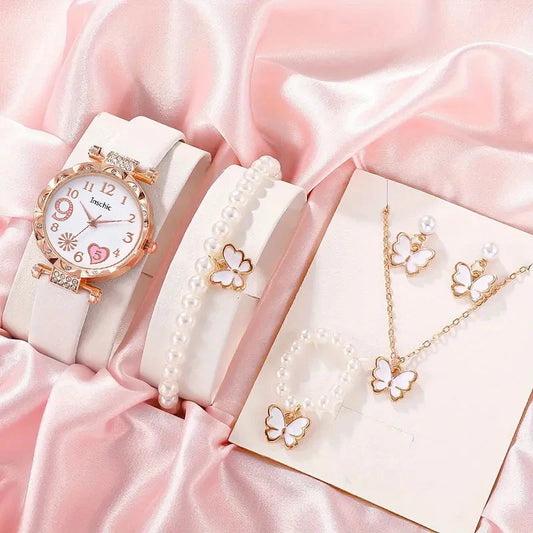 Luxury White Leather Strap Quartz Watch Set – 6 Pieces