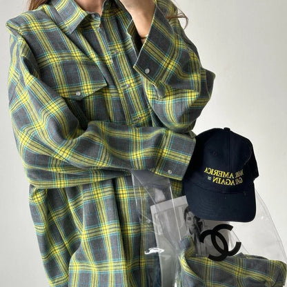 Oversized Plaid Shirt For Women Long Sleeve Button-Down Korean Style