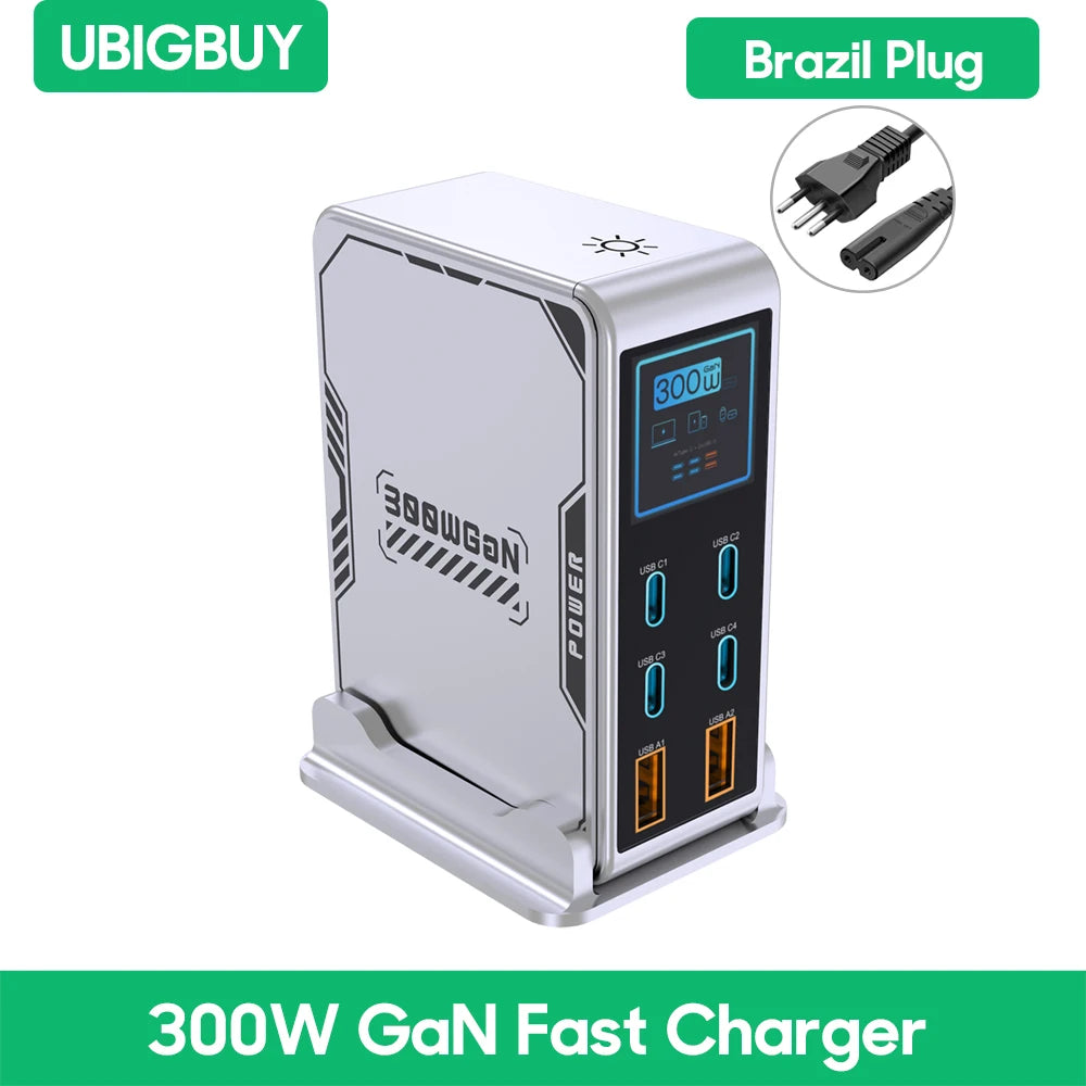 Ubigbuy 300W GaN Charger PPS PD 100W USB Type C 6-Port Digital Display Desktop Fast Charging Station for MacBook iPhone Samsung