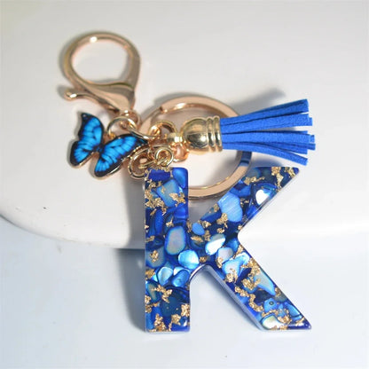 AZ Letter Keychain With Blue Stone And Butterfly Tassel Pendant