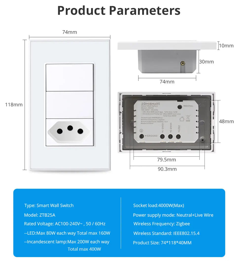 Zemismart Zigbee Smart Brazil Socket 10A 20A Outlets Work with Tuya Smart Life App Alexa Google Home Control