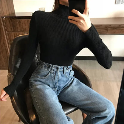 Sweater For Women Knitted Ribbed Turtleneck Long Sleeve Pullover