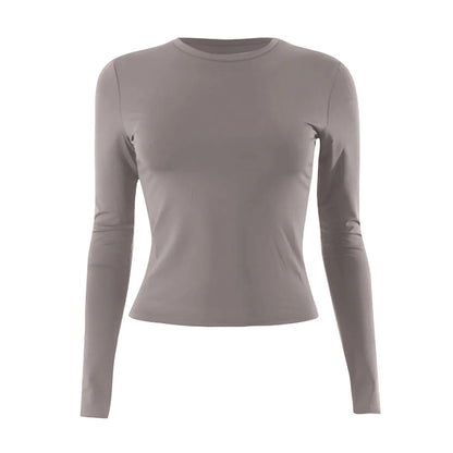O-Neck Long Sleeve Cropped Top For Women Broadcloth Polyester