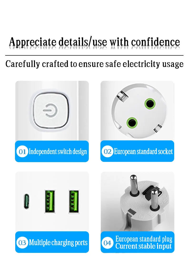 EU Plug Electrical Socket with 3/5 AC Outlets 2 USB Ports + 1 Type C 6/8-in-1 Plug Socket Adapter 2M Power Strip for Home Office