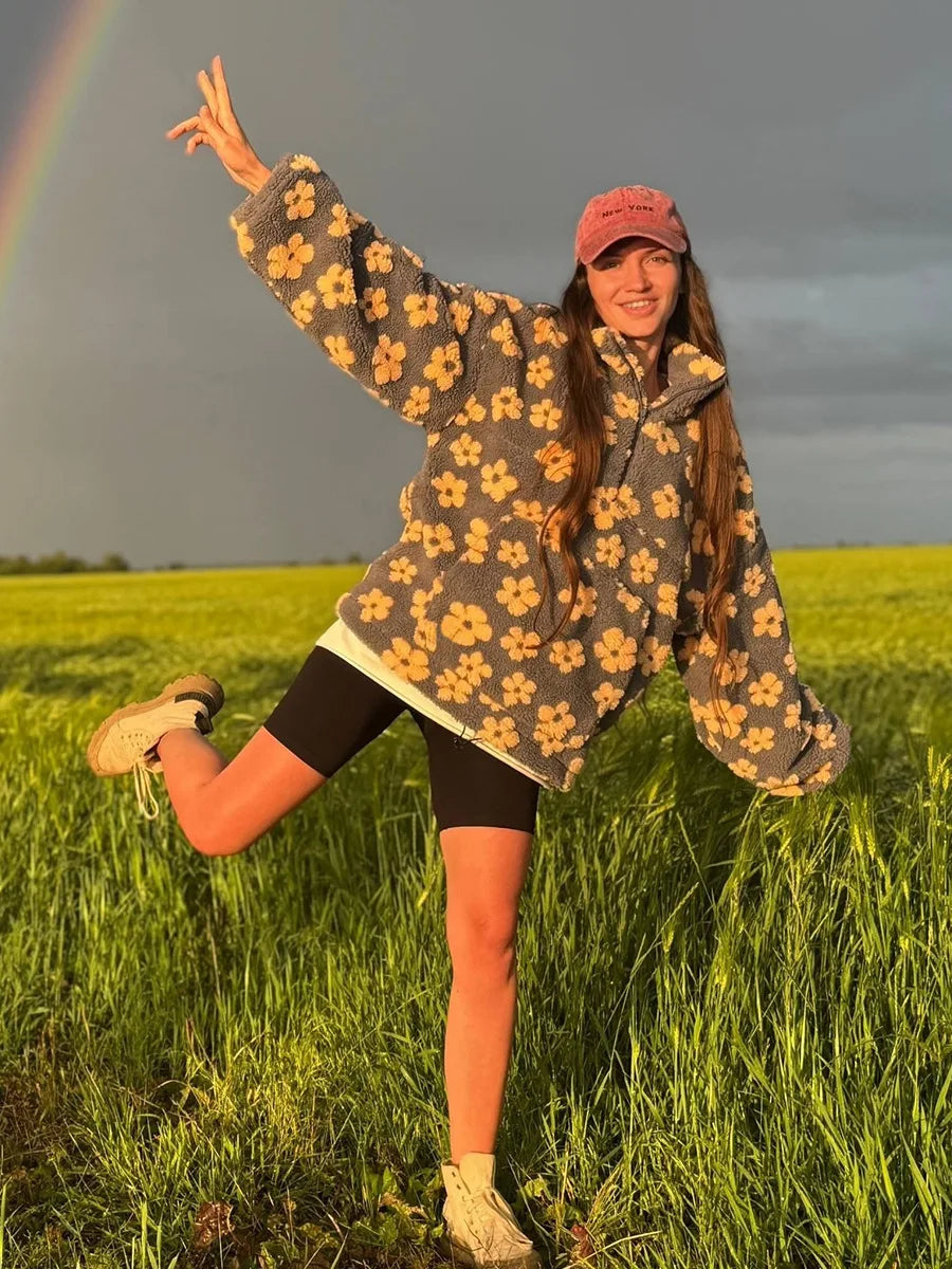 Blubelle New Autumn Winter Women's Sherpa Floral Pullover Hoodies Half Zip Style Loose Fit Warm Stylish Sweatshirt