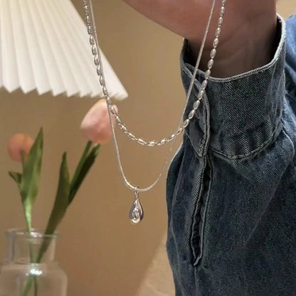 Silver Drop Pendant Necklace, Long Layered Double Collar Chain for Women