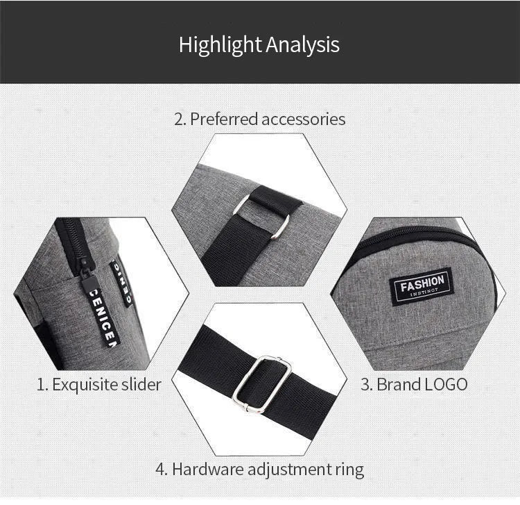 Waterproof Large Capacity Fanny Pack Nylon Canvas 31x17x5 cm Black Gray Blue