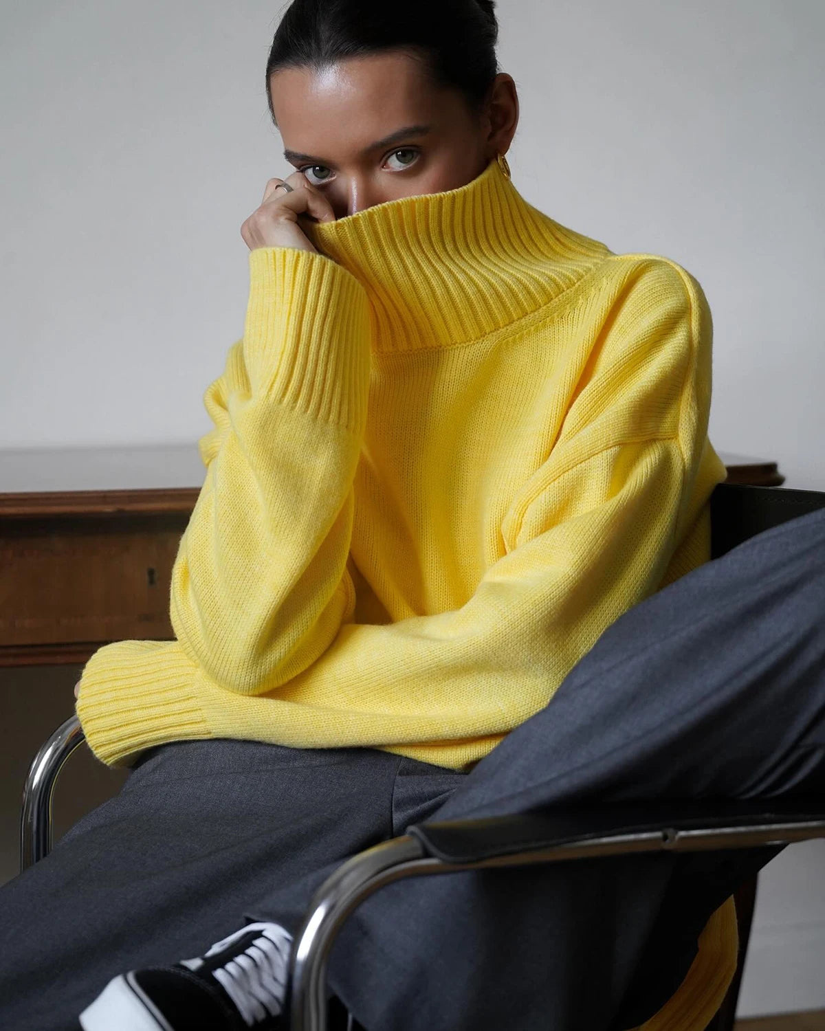 Women's Oversized Turtleneck Knitted Sweater Regular Length Soft Knit