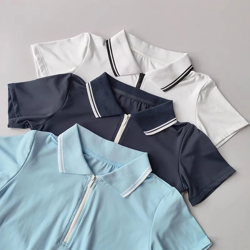 Women's summer new tennis suit set, short polo shirt, short sleeved sports top paired with pleated anti glare skirt pants