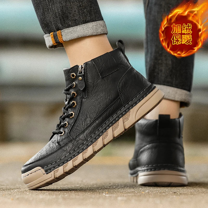 Men Leather Boots Mid Calf Lace Up Anti Slip Rubber Outsole