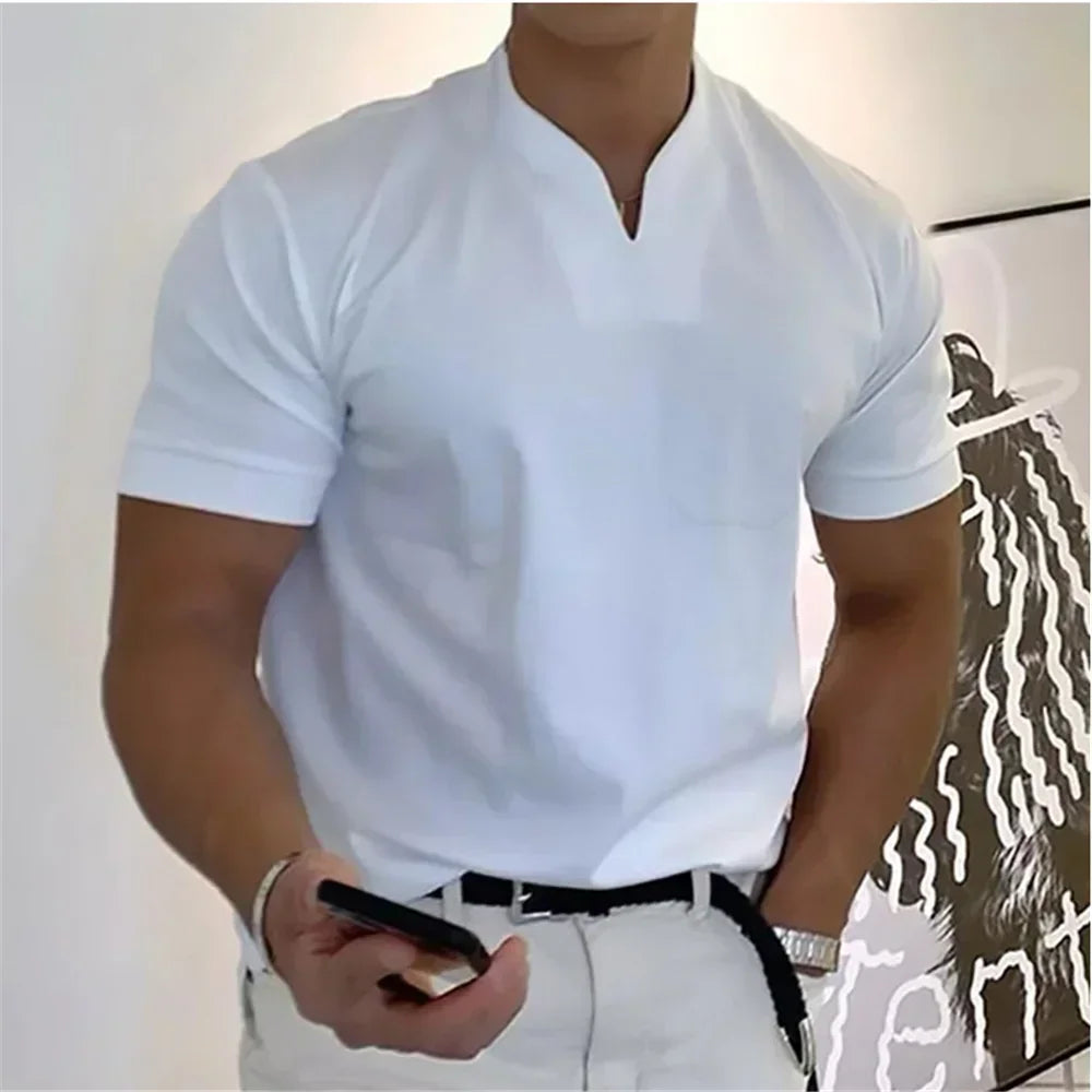 2025 Summer New Men's Fashion Trend T-shirt Short Sleeve V-neck Top Elastic Cotton Fitness Sports Loose Large Size Clothing