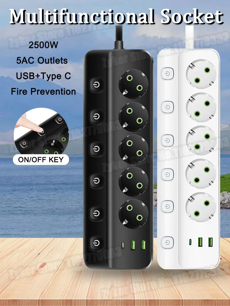 EU Plug Electrical Socket with 3/5 AC Outlets 2 USB Ports + 1 Type C 6/8-in-1 Plug Socket Adapter 2M Power Strip for Home Office
