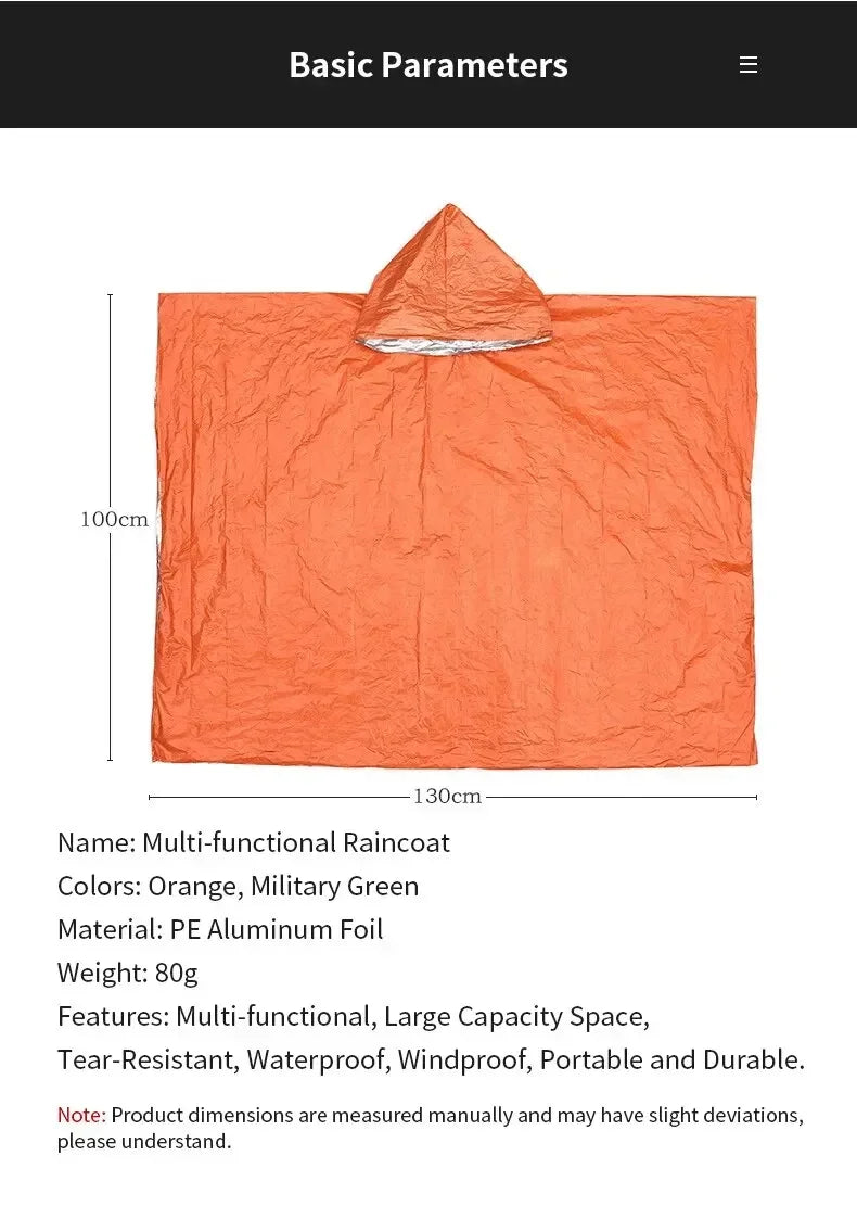 Emergency Raincoat Poncho Waterproof Rainwear 100x130cm Orange Green