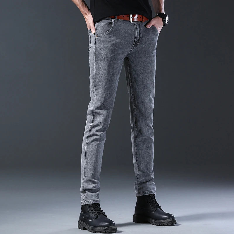 Men's Slim Fit Jeans Gray Elastic Mid-Waist Denim Straight Leg