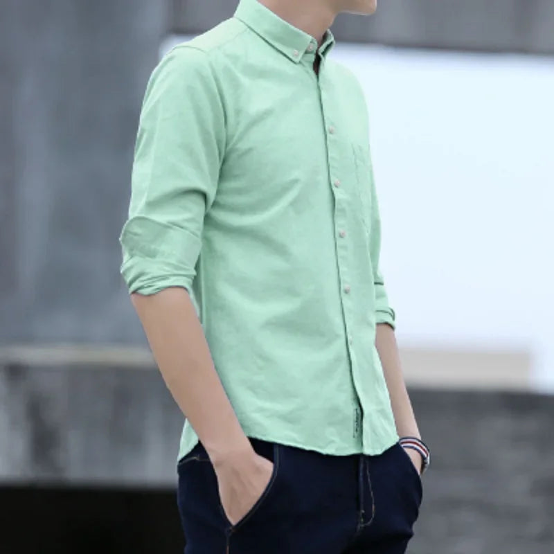 Classic fit cotton Full Casual shirts for men solid color long-sleeve plain shirt single pocket top soft slim fit formal clothes