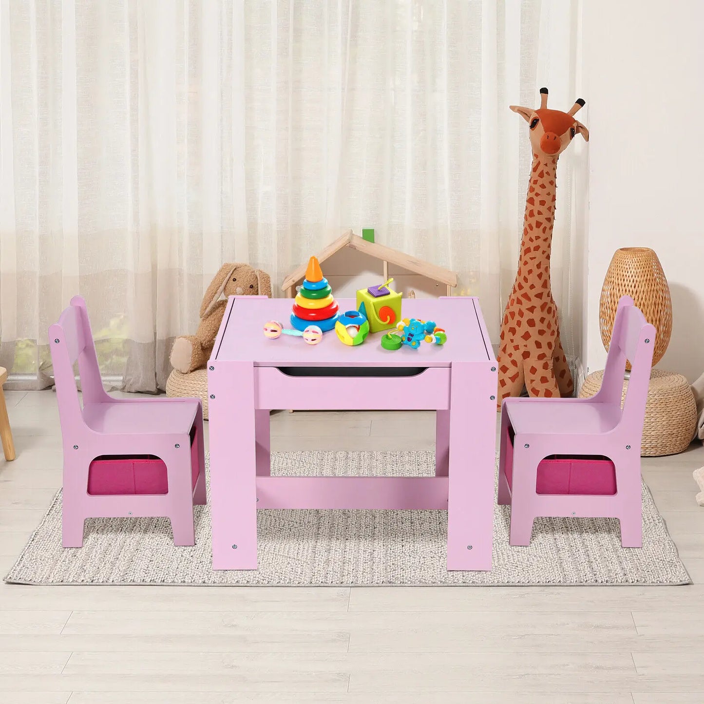 Kids Table and 2 Chairs Set W/ Storage Drawer Wooden Activity Table For Toddlers Detachable for Children Drawing Reading