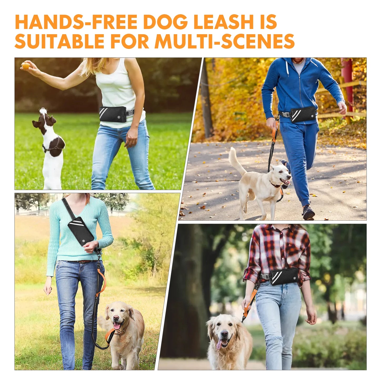 Hands Free Dog Leash with Zipper Pouch, Dual Padded Handles and Durable Bungee for Walking, Jogging and Running Your Dog