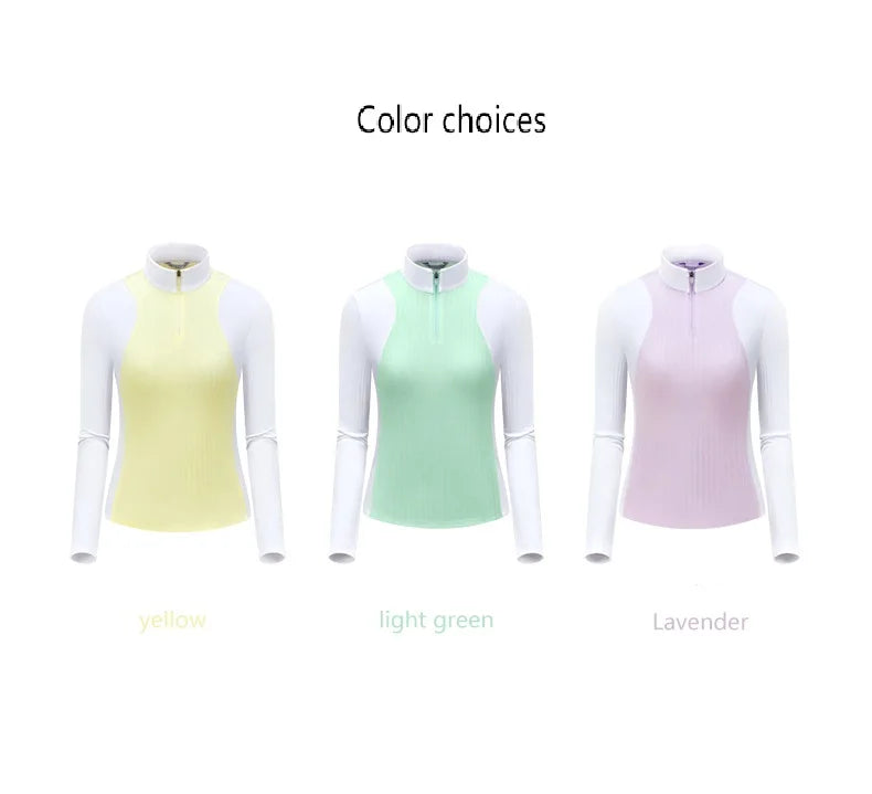 TTYGJ Autumn Spring Golf Clothing Women Contrast Color Golf Base Shirt Ladies Zipper Collar Soft Tops Slim Casual Sportswear