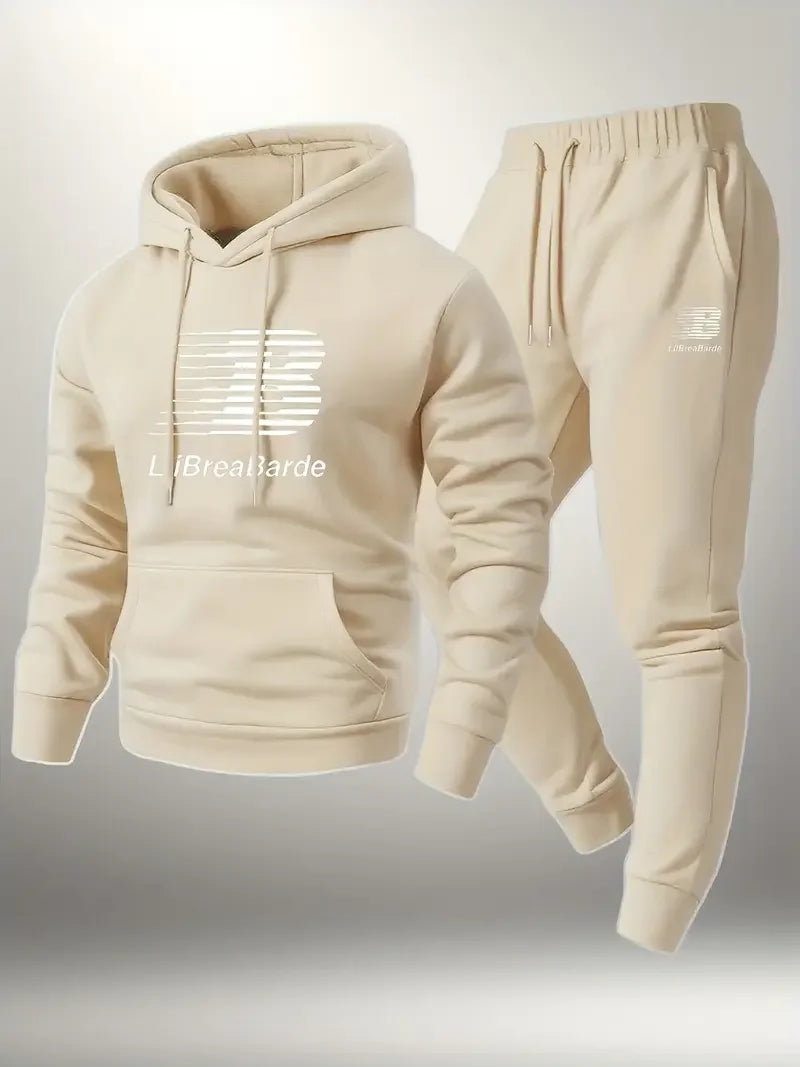 Men's letter printed casual hooded sports suit with polyester fiber long sleeved pullover and drawstring running pants suitable