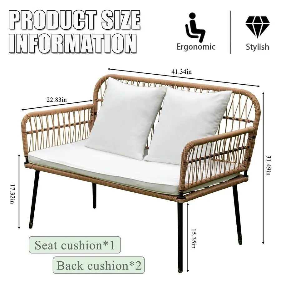 Garden Outdoor Patio Love Seat,Boho Rattan Chair Sofa Wicker Couch All Weather Couple Seat,Beige Rattan White Cushion Balcony Ch