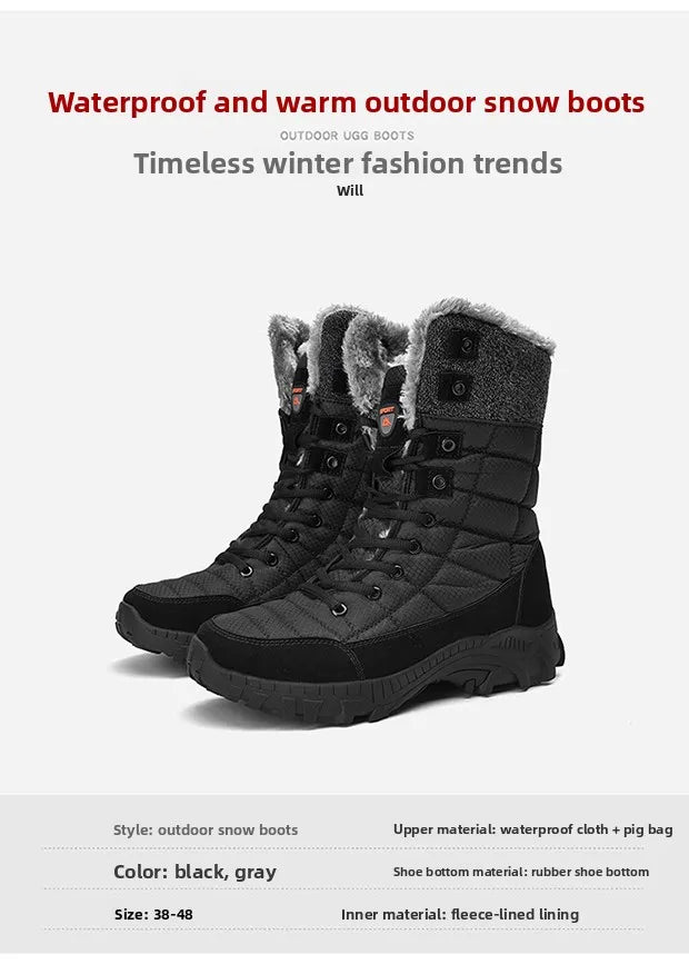 Men Winter Snow Boots Waterproof Leather High Top Plush Lined MidCalf Big Size