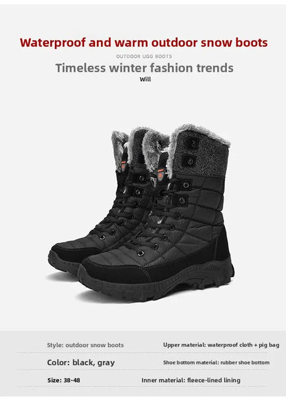 Men Winter Snow Boots Waterproof Leather High Top Plush Lined MidCalf Big Size