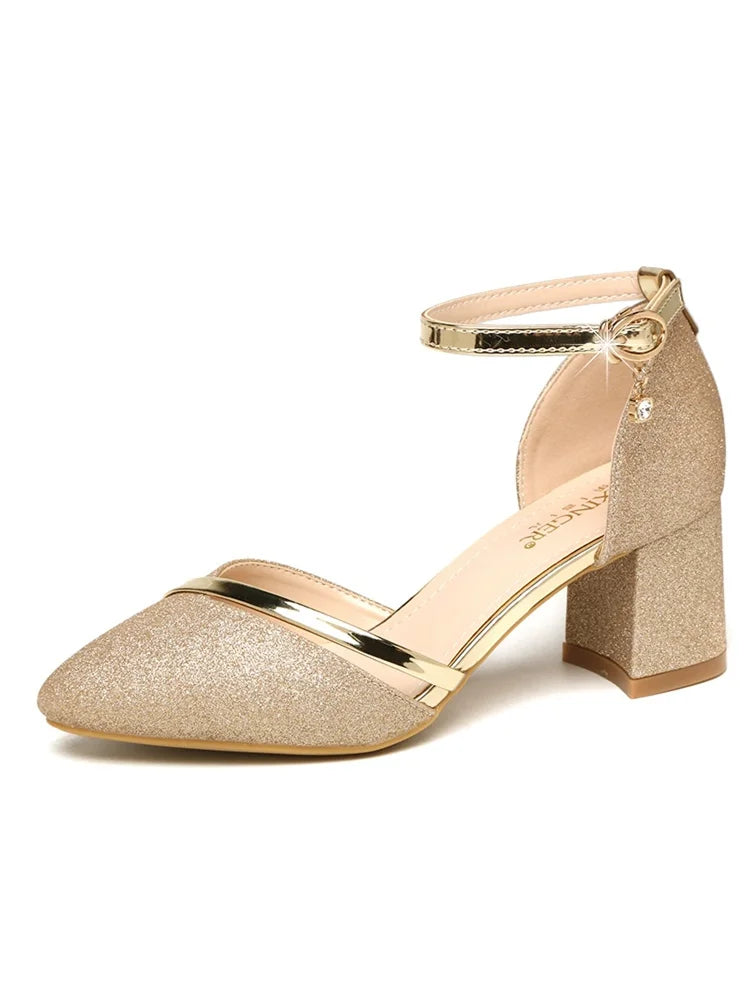 Women's Silver Square Heel Pumps With Buckle Strap, 5-8 cm