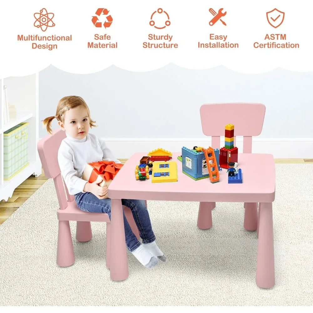 Kids Table and Chair Set, 3 Piece Plastic Children Activity Desk for Reading, Drawing, Snack Time, Arts Crafts, Preschool, Kind