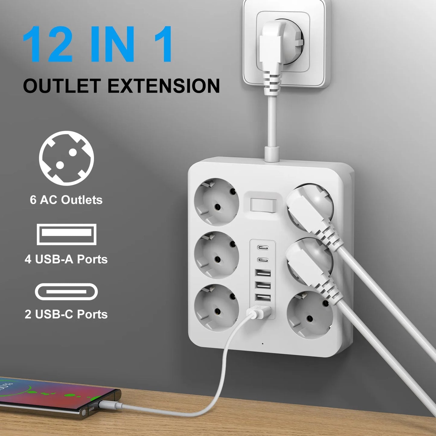 Wall Socket Extender with 6 AC Outlets 4 USB Ports 2 Type-C EU Plug Charger Electrical Switch For Home Power Strip Socket