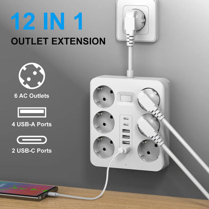 Wall Socket Extender 6 Outlets 4 Usb 2 TypeC Eu Plug Master Switch
