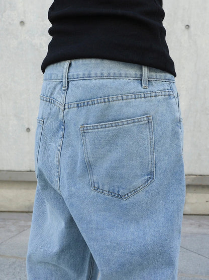 Men's Baggy Denim Jeans Loose Straight Wide Leg Trousers Solid Color