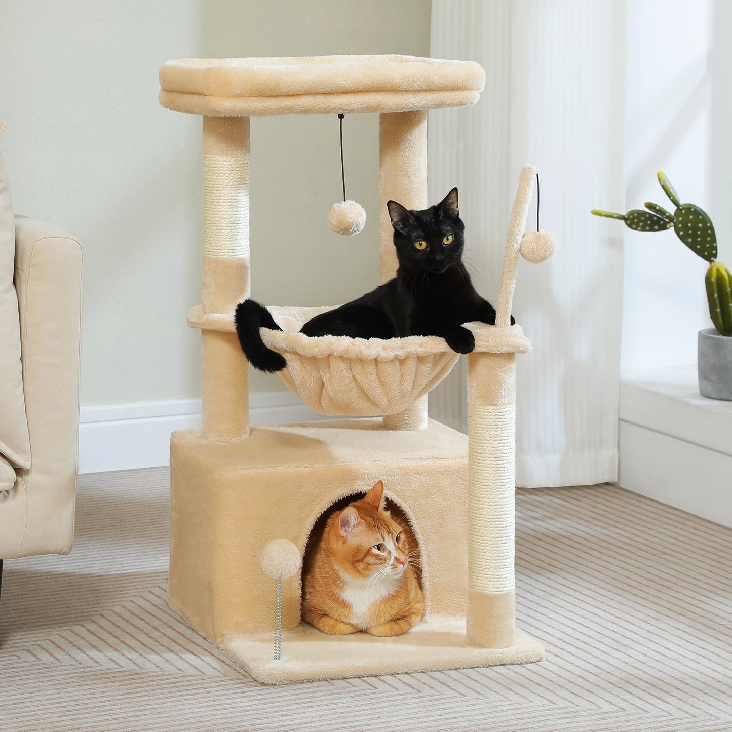 Small Cat Tree with Cozy Condo Hammock Top Perch Cat Scratching Post for Indoor Multi-Level Cat Tower Cat Scratcher Kitten Toys