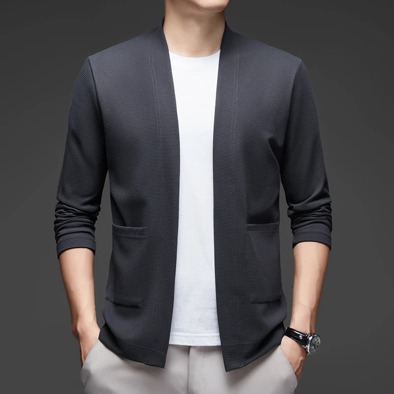 New Men's Business Casual Long Sleeved Solid Color Cloak Jacket Knitted Comfortable and Fashionable All Season Versatile Top