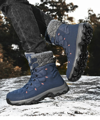 Men's Winter Snow Boots Leather Waterproof Mid-Calf Plush Lining Lace-Up